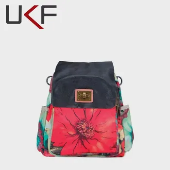 UKF Женский рюкзак Повседневная сумка для ноутбука Женская набивная холщовая с кожаными дорожными рюкзаками Новый Уличный молодежный этнический стиль 8