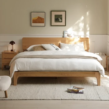 Visa Японская кровать из массива дерева, современная простая дубовая двуспальная кровать 1,5/1,8 м, мебель для спальни в скандинавском стиле с защитой окружающей среды 6