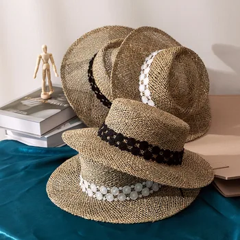 VISROVER 4 Colorway Летняя шляпа из натуральной соломы для женщин, Подарочная Кружевная соломенная кепка для женщин, летняя кепка, Пляжная Черная шляпа Рыбака от солнца 12