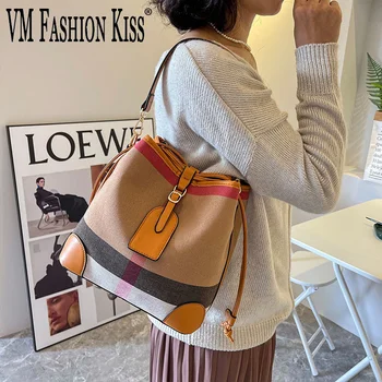 VM FASHION KISS 2022, Женские сумки-ведра из искусственной кожи + парусиновая строчка, роскошные сумки, дизайнерская сумка через плечо большой емкости 7