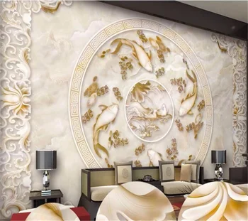 wellyu Пользовательские большие фрески утка-мандаринка карп с рисунком лотоса мраморный рельефный телевизор диван фон обои для стен 9