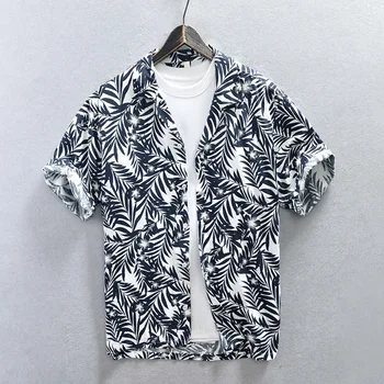 Z935 Хлопковая льняная рубашка Мужская летняя модная пляжная блузка с коротким рукавом для отдыха на Гавайях, повседневные свободные дышащие топы с винтажным принтом 9