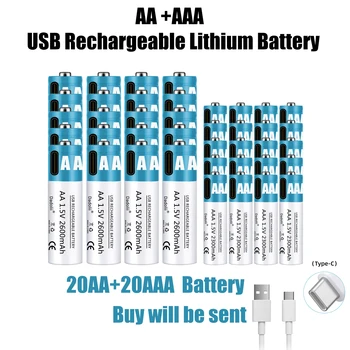 Батарея AA AAA 1,5 В, перезаряжаемая батарея 2600 мАч, перезаряжаемая литий-ионная батарея AA 1,5 В, литий-ионная батарея с быстрой зарядкой по USB 15