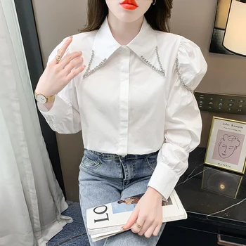 Белая блузка Для женщин 2023, Роскошные Дизайнерские модные топы с бриллиантами Rshinestone High Street, Корейские винтажные блузки с пышными рукавами Mujer 4