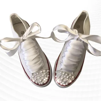 Белая Парусиновая обувь с низким верхом и жемчугом, Спортивная комфортная обувь для ходьбы, Нейтральная вулканизированная обувь ручной работы с жемчугом 35-46 2