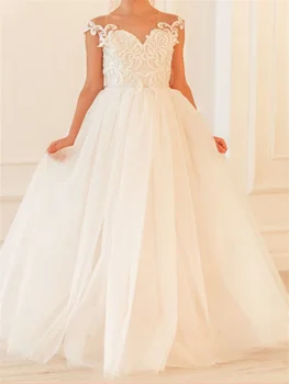 Белое Пушистое Тюлевое кружевное платье с аппликацией для девочки в цветочек, Свадебное Элегантное платье в мелкий цветочек для первого Ребенка, платье для Причастия, подарок на Бал 15