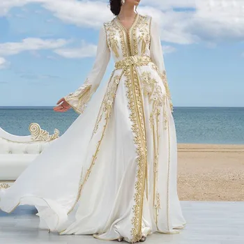 Белое Шифоновое Роскошное вечернее платье с золотой кружевной аппликацией, платье для выпускного вечера, Кафтан из Марокко, платье для матери из Дубая, Арабское мусульманское платье для особого случая