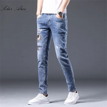 Бесплатная доставка 2021, новые мужские джинсы с забавным рисунком, вышитые до середины талии, прямые повседневные брюки с принтом 2