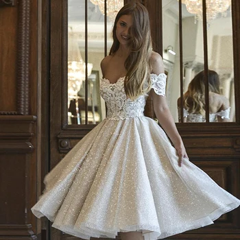Блестящее свадебное платье 2023 Милая С открытыми плечами Кружевная аппликация Длиной до колен Белое торжественное платье с открытой спиной