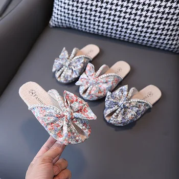 Брендовые дизайнерские горки для детской обуви для девочек 2022, Летние детские тапочки с цветочным принтом, студенческая обувь принцессы, расшитая бисером, F04272 15