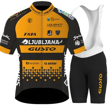 Велосипедный комплект Ljubljana Gusto Team 2023 Мужская одежда для Словении с коротким рукавом Оранжевые рубашки для шоссейных велосипедов Костюм Велосипедные нагрудники Шорты MTB