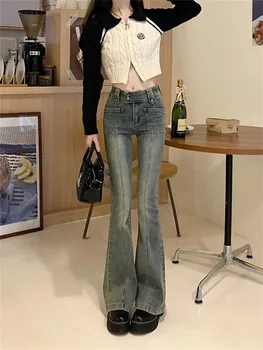 Весенне-летние Повседневные джинсы, женская уличная одежда с высокой талией, шикарные Узкие брюки-клеш, женские джинсовые брюки Harajuku в корейском стиле 2023 2