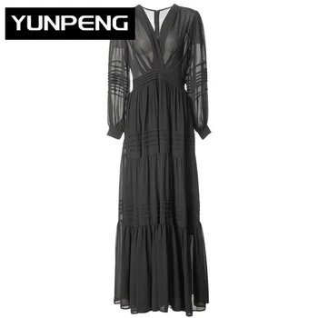 Весеннее длинное платье с V-образным вырезом и рукавами-фонариками, складками, черные винтажные вечерние платья для женщин, подиум 2023, Роскошный бренд высокого качества 6