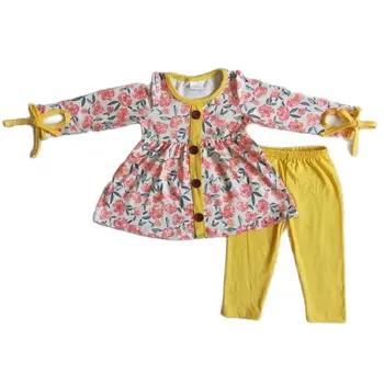 Весенние наряды для маленьких девочек, футболки с цветочным рисунком, топы на пуговицах спереди, леггинсы, комплекты из 2 предметов, повседневная стильная детская одежда, костюмы 5