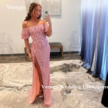 Вечерние платья Verngo с блестящими румянами, розовыми блестками, с открытыми плечами, длинное вечернее платье с разрезом на косточках, блестящие платья для выпускного вечера 2023 года с блестками