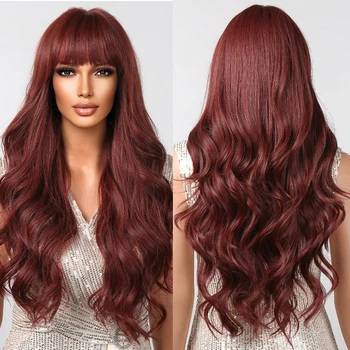 Винно-красные длинноволновые синтетические парики с челкой, Бордовый парик с волнистыми волосами для чернокожих женщин, натуральный повседневный косплей из термостойкого волокна