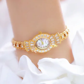 Винтажный золотой Роскошный бриллиантовый набор Beimu Циферблат Кварцевые женские часы Элегантный овальный указатель Цепочка Водонепроницаемые часы Подарок Renogio Femino 6