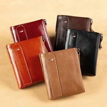 Винтажный кожаный бумажник с масляным воском, RFID-противоугонная щетка, многофункциональный кошелек с двойным карманом для монет на молнии большой емкости 11
