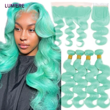 Волосы Lumiere Светло-зеленые пучки объемной волны с закрытием, голубые Бразильские пучки из 100% человеческих волос с закрытием спереди 16