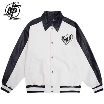 Высококачественная винтажная мужская куртка из искусственной кожи в стиле пэчворк с буквенной вышивкой в виде сердца, Корейская модная мотоциклетная бейсбольная форма