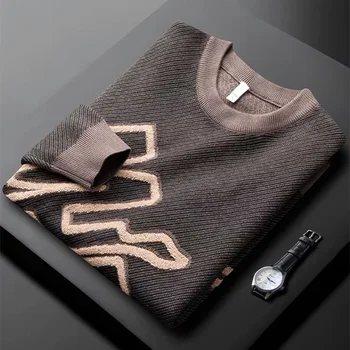Высококачественный жаккардовый свитер с круглым вырезом и надписью, осенне-зимний мужской новый корейский модный повседневный теплый вязаный пуловер, мужской 4