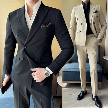 Высококачественный костюм, модный двубортный приталенный мужской костюм в британском стиле, роскошное деловое светское платье, комплект из двух предметов + брюки 6
