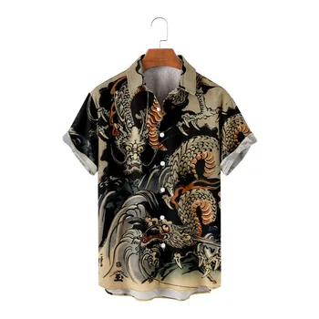 Гавайские Мужские Рубашки С Принтом Дракона, Летние Простые Мужские Рубашки С Короткими рукавами И Отворотами, Свободный Топ 5