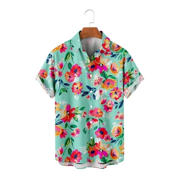 Гавайские рубашки для мужчин с цветочным принтом, Рубашки с коротким рукавом, Зеленые Прохладные летние топы, Винтажные дышащие