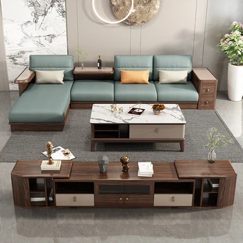Гостиная из орехового дерева, современный простой кожаный диван из массива дерева, сочетание нового китайского мебельного гарнитура