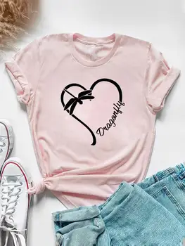 Графическая футболка Love Heart Dragonfly Тренд Милый принт Повседневная одежда Летний женский топ с коротким рукавом Модная футболка Женская футболка 17
