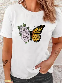 Графические футболки, футболка, модный женский тренд в виде цветочного крыла, милая футболка с коротким рукавом и принтом, летняя весенняя одежда с принтом