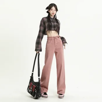 Грязно-розовые джинсы, женская новинка Ранней весны 2023, двубортный дизайн с рваным подолом, широкие брюки, уличная одежда 4