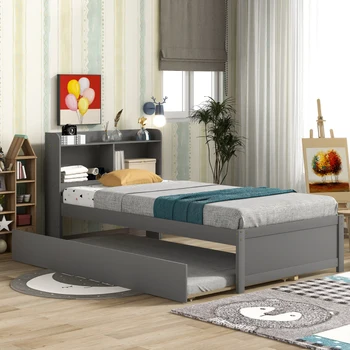 Двуспальная кровать с чемоданом, книжный шкаф, серый / белый / черный 7