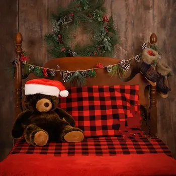 Деревянная рождественская кровать клетчатый плюшевый мишка фоны для детской комнаты Компьютерная печать фон для новорожденных 15