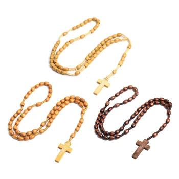 Деревянные бусины для подвески в виде креста, ожерелье с четками, Католические христианские Религиозные Ожерелья с Иисусом, Мужские Женские ювелирные изделия, Шарм, подарок