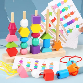 Деревянные игрушки Монтессори, игра-головоломка на подбор цвета и формы, Красочные вышитые бисером Игрушки для раннего развития, подарок для детей 12