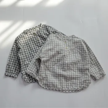 Детская тонкая клетчатая рубашка с круглым вырезом, весенний кардиган, повседневные рубашки для мальчиков, простой хлопковый пуловер для девочек, блузка, новые топы