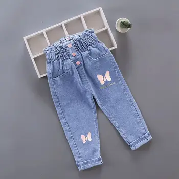 Детские джинсовые брюки для девочек, весенне-осенние брюки с рисунком из мультфильмов, повседневные джинсы с принтом Граффити, джинсовые брюки для малышей 6