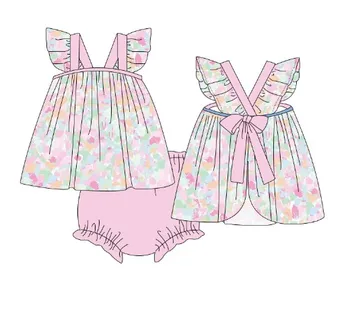 Детские Костюмы с рукавами-крылышками для маленьких девочек с цветочным принтом и бантиком-оборками, новинка 2023 года, комплект детской летней одежды 12