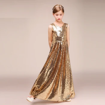 Детские платья с цветочным узором для девочек, костюм принцессы для выступления на вечерней сцене, ведущая подиума, Длинная юбка с золотыми блестками 12