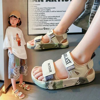 Детские сандалии Baotou для мальчиков, Сандалии с защитой от ударов, 2023 Летняя Новая камуфляжная пляжная обувь для девочек, Большая детская повседневная обувь 16