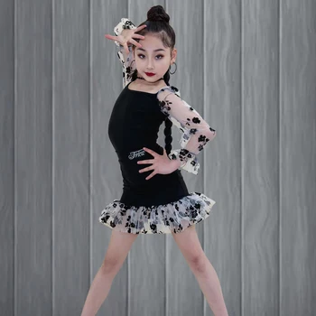 Детский Профессиональный костюм для латиноамериканских танцев, Сетчатые рукава для девочек, платье для латиноамериканских танцев, одежда для занятий латиноамериканскими танцами на сцене DWY8958 6