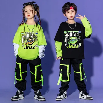 Детский уличный танцевальный костюм, одежда в стиле хип-хоп, топы с длинными рукавами, Брюки-карго, одежда для выступлений в стиле хип-хоп Для мальчиков, одежда в стиле Kpop для девочек 6