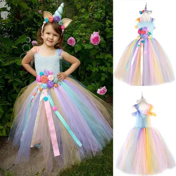 Детское платье с единорогом для девочек, бальное платье с цветочными аппликациями, платья принцессы для маленьких девочек, Элегантные праздничные костюмы, Детская одежда 16