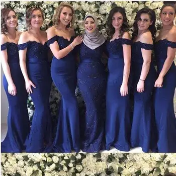 Дешевые кружевные длинные платья подружек невесты темно-синего цвета Русалки на заказ Свадебные платья для вечеринок 2022 Свадебные платья для гостей 12