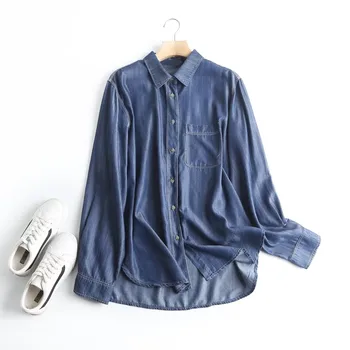 джинсовая рубашка, женская блузка с отложным воротником, весенняя джинсовая рубашка с длинным рукавом и карманом, женская синяя джинсовая рубашка, блузка из хлопка 1