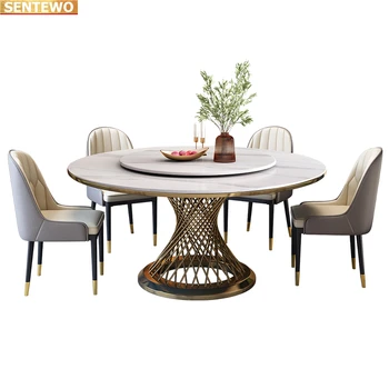 Дизайнерская роскошная круглая столовая с мраморной плитой и обеденным столом из 8 стульев mesa de comedor мебель на золотой основе из нержавеющей стали 3