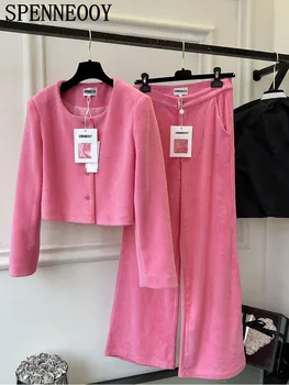 Дизайнерский весенне-осенний брючный костюм винтажного розового цвета, женская куртка с длинным рукавом и пуговицами, пальто + обычные брюки на талии. 13
