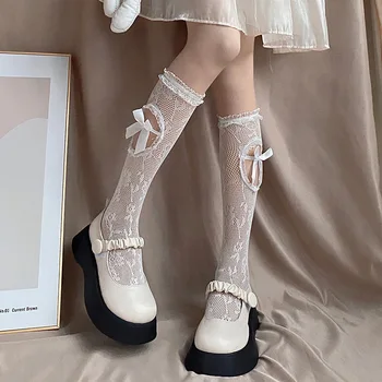 Длинные носки для девочек, Чулки JK Lolita, Кружевные сетчатые чулки в сеточку, гольфы в японском стиле с кавайным бантом, чулки до колена