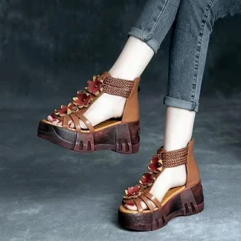 Европейская и американская женская обувь, летние художественные римские туфли на платформе в стиле ретро, сандалии с открытым носком и цветочным узором 1